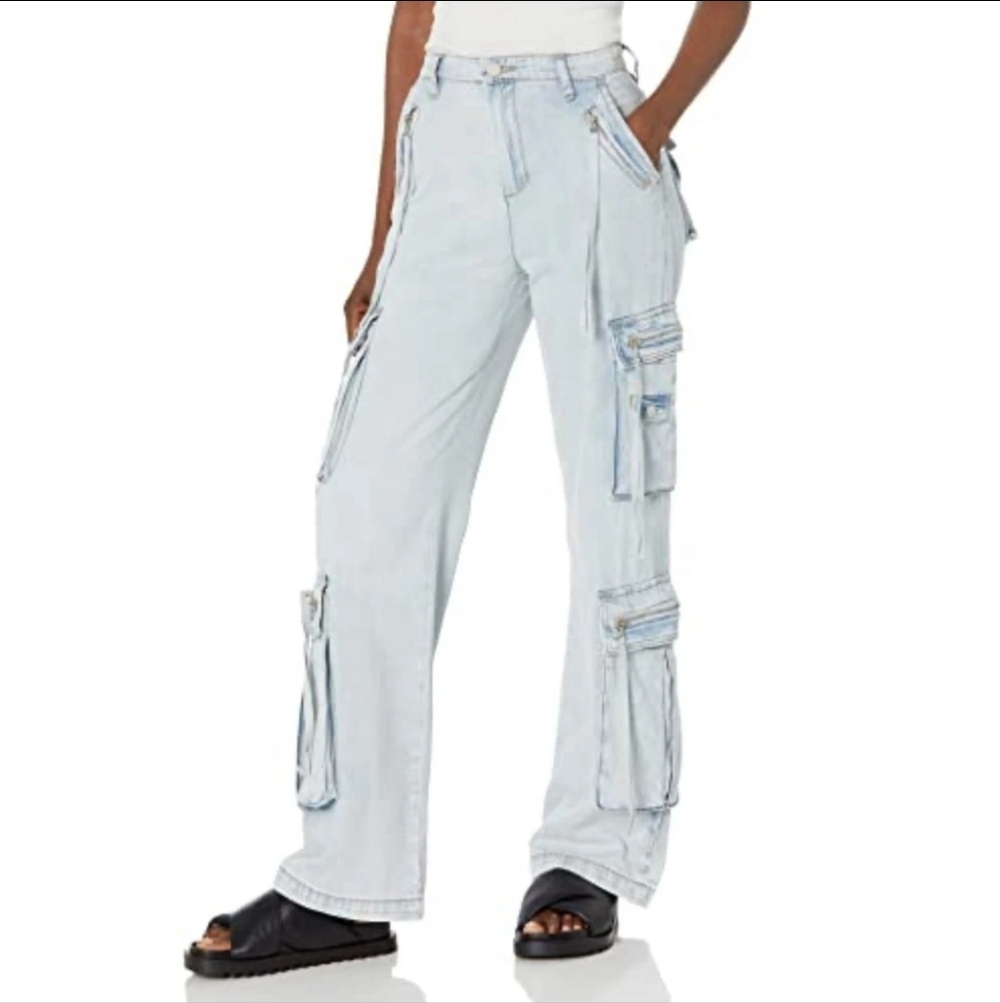 BLANK NYC Wide Leg Baggy Cargo Jeans Size 26 High Waisted Light Blue Wash
